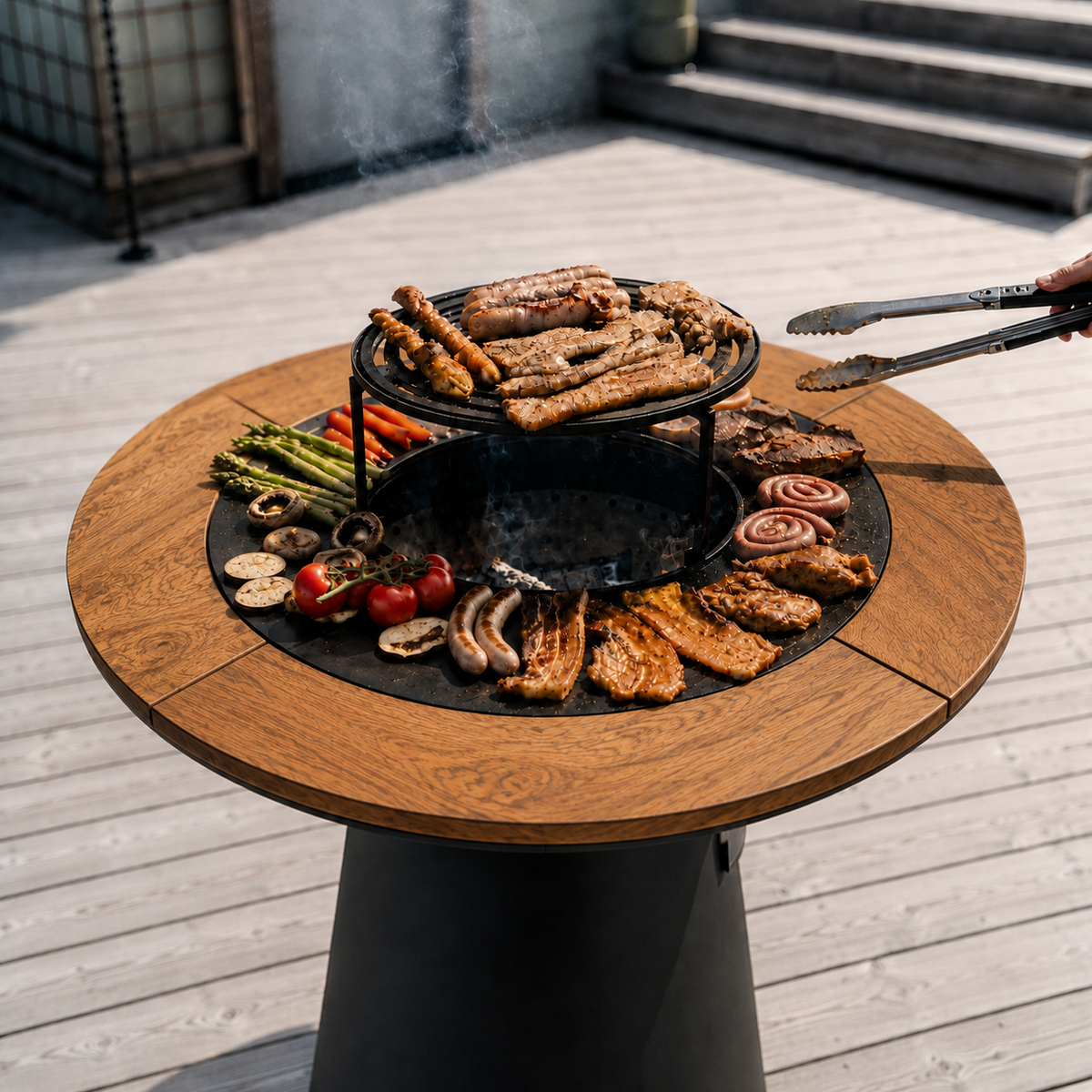 Set: vuurschijvengrill Aska + barbecue-accessoires + wielen + houten omranding, 4-delig