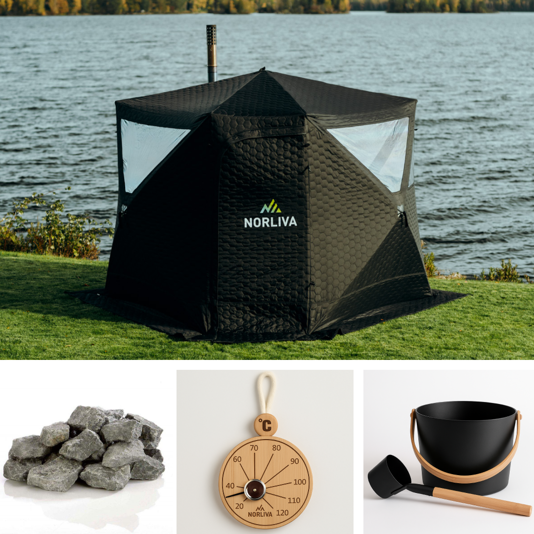 Set: Saunatent Dalen + Kachel + Sauna-accessoires + Regenschutz