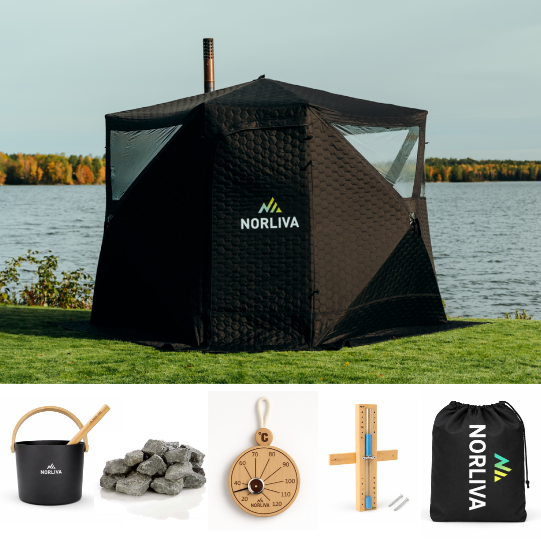 Set: Saunatent Dalen 3.0 + Kachel + Sauna-accessoires + Regenhoes