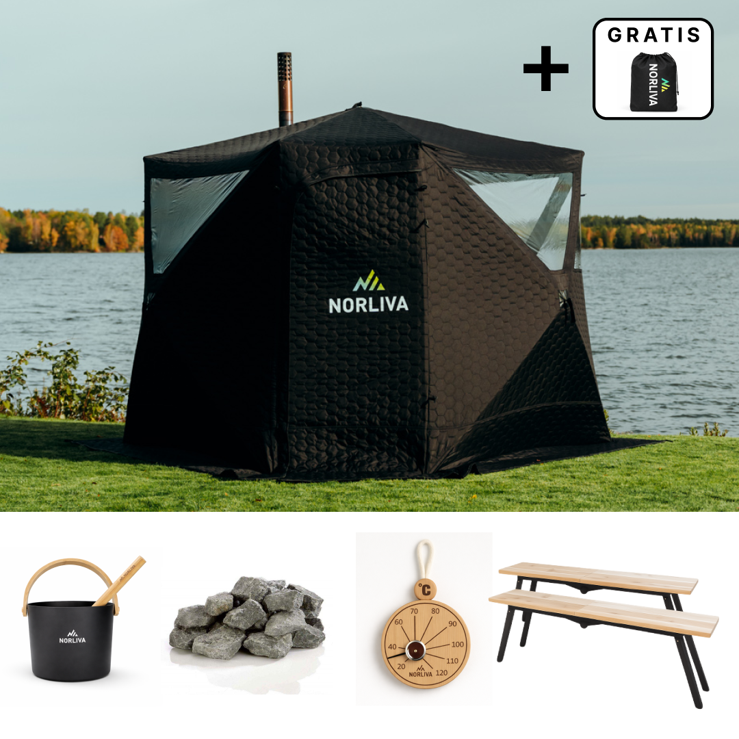 Set: saunatent Dalen 3.0 + kachel + sauna-accessoires + regenbescherming + banken