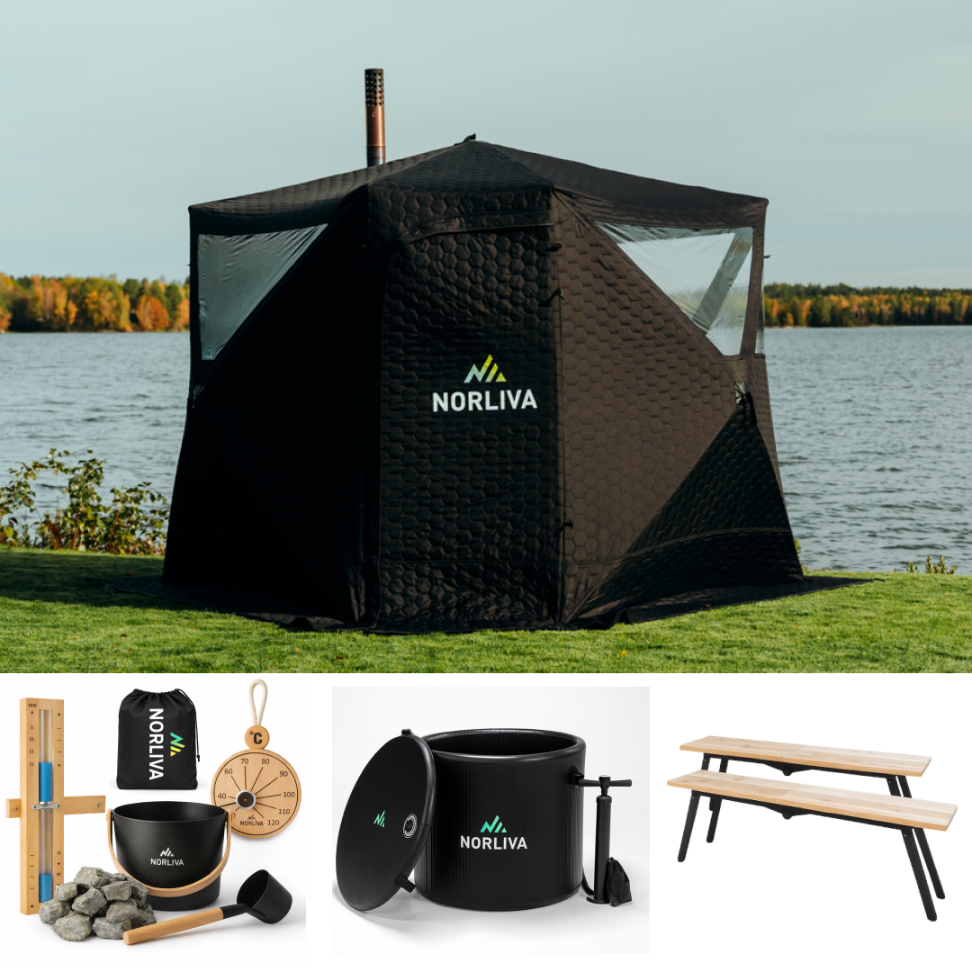 Set: Saunatent Dalen 3.0 + Kachel + Sauna-accessoires + Regenhoes + Bankjes + IJsbadton