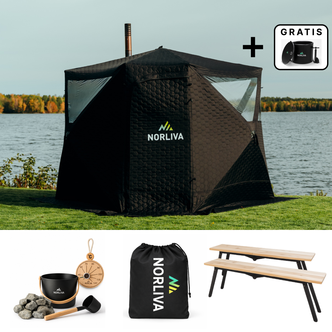 Set: saunatent Dalen 3.0 + kachel + sauna-accessoires + regenbescherming + banken
