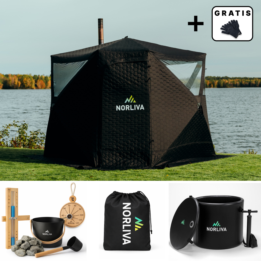 Set: Saunatent Dalen + kachel + sauna-accessoires + regenbescherming + ijsbadton