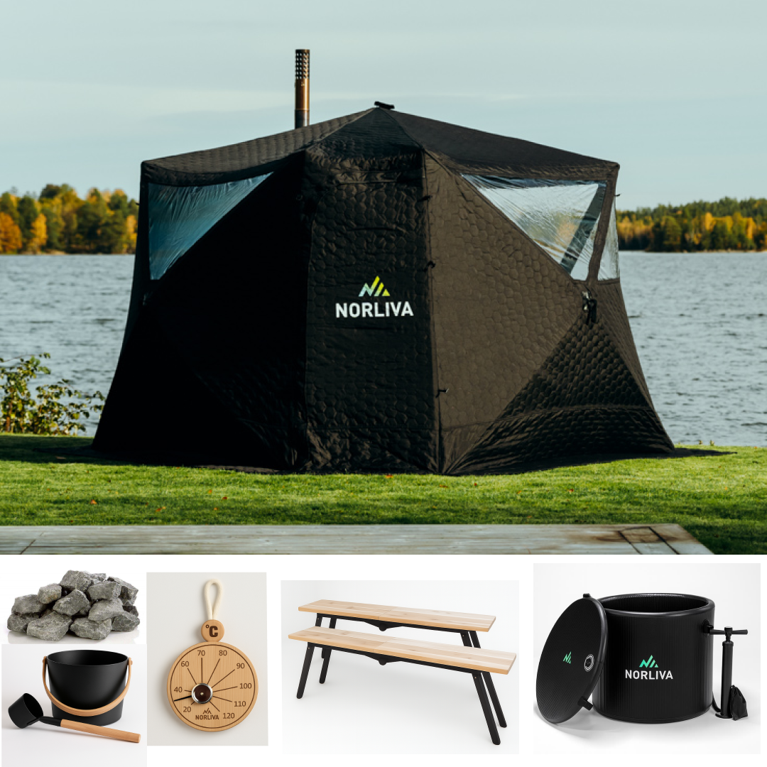 Set: Saunatent Fjorden + Kachel + Sauna-accessoires + Banken + IJston