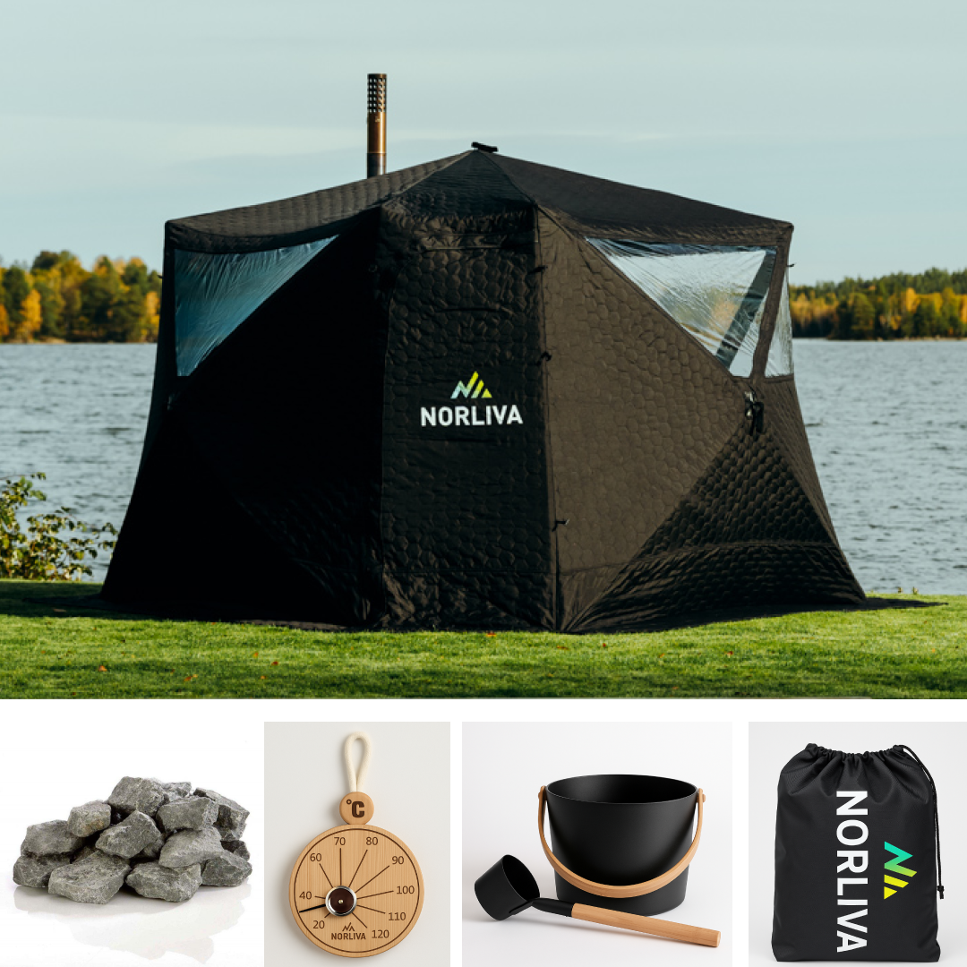 Set: Saunatent Fjorden + Kachel + Sauna-accessoires + Regenschutz