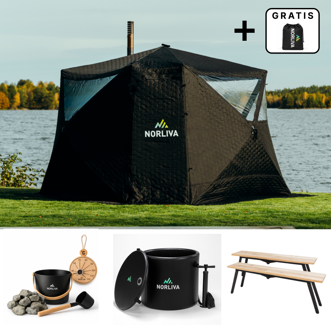Set: Saunatent Fjorden + kachel + sauna-accessoires + regenbescherming + banken + ijsbadvat