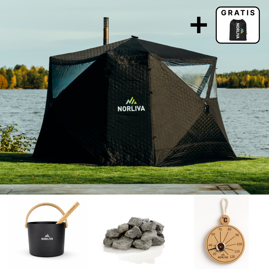 Set: saunatent Fjorden + kachel + sauna-accessoires