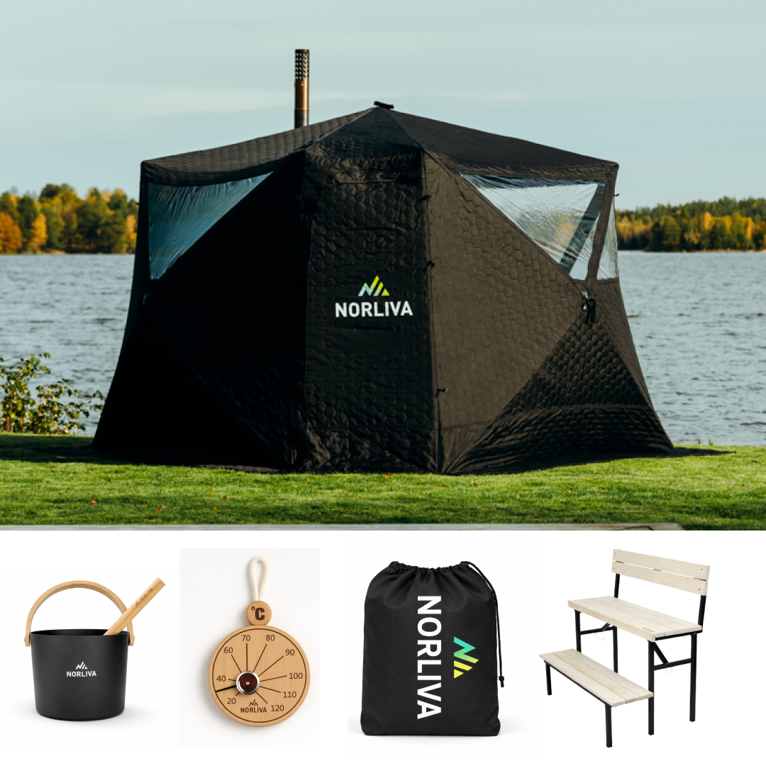 Set: saunatent Fjorden + kachel + sauna-accessoires + tweelaagse bank