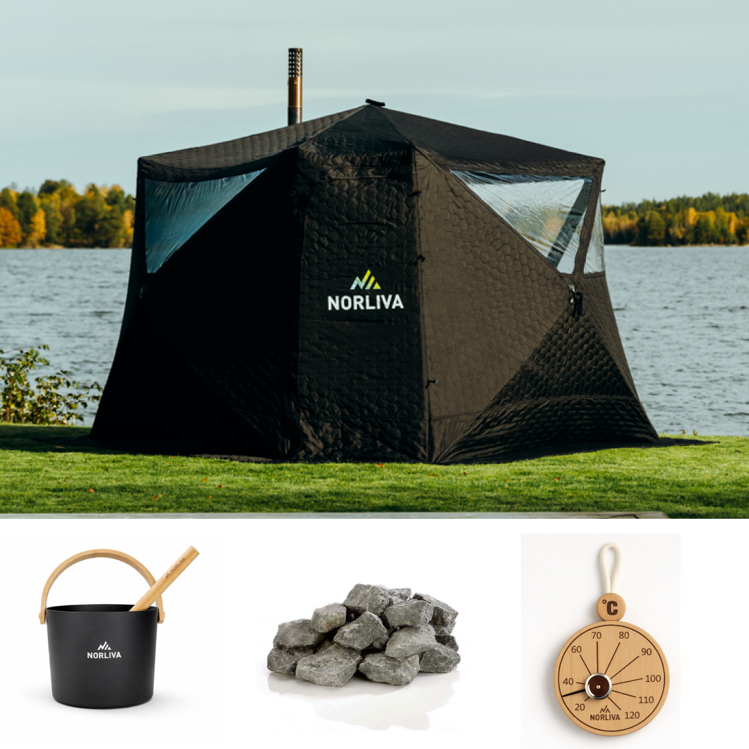 Set: saunatent Fjorden + kachel + sauna-accessoires