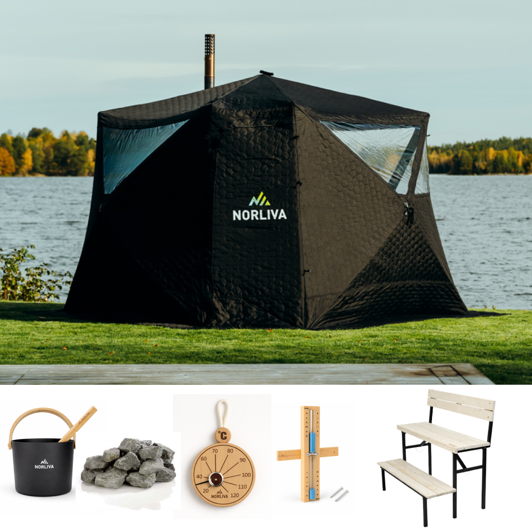 Set: Saunatent Fjorden + Oven + Sauna-accessoires + tweestapsbank