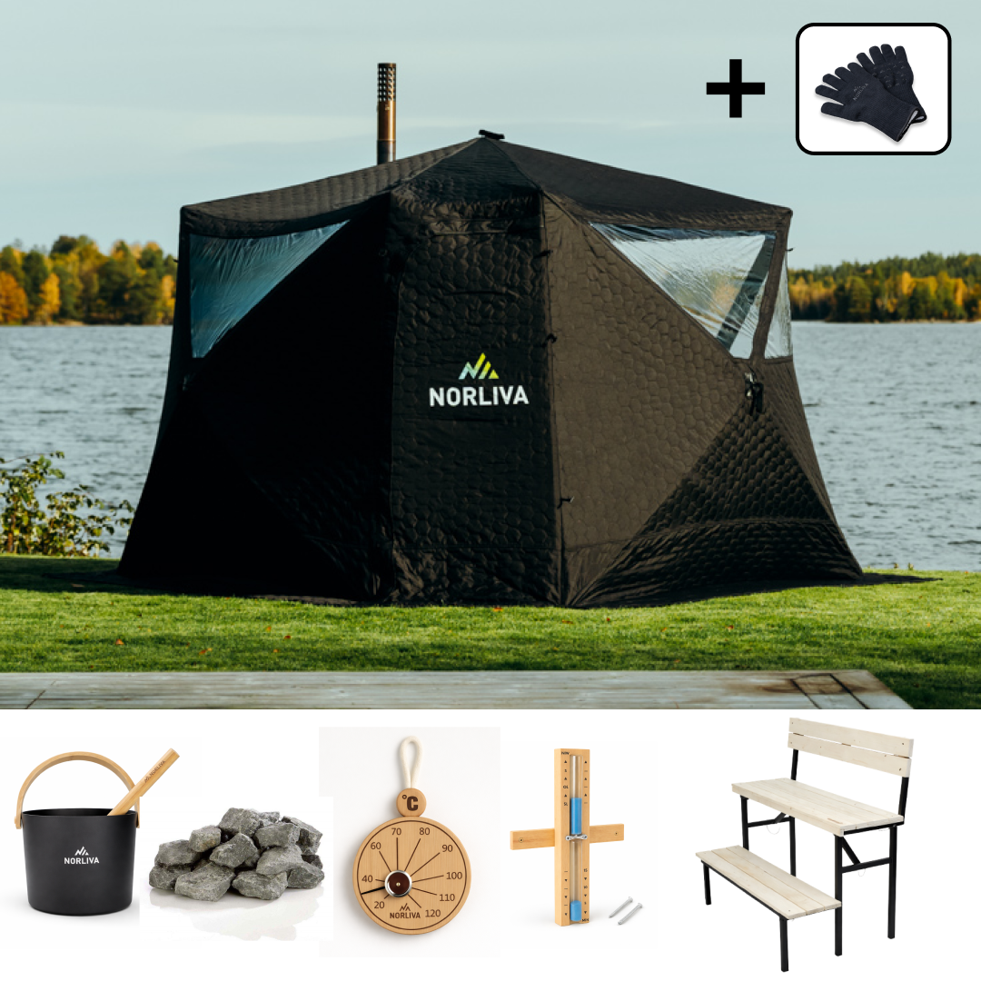 Set: Saunatent Fjorden + Oven + Sauna-accessoires + tweestapsbank