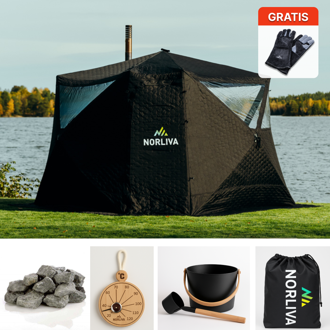 Set: Saunatent Fjorden + Kachel + Sauna-accessoires + Regenschutz