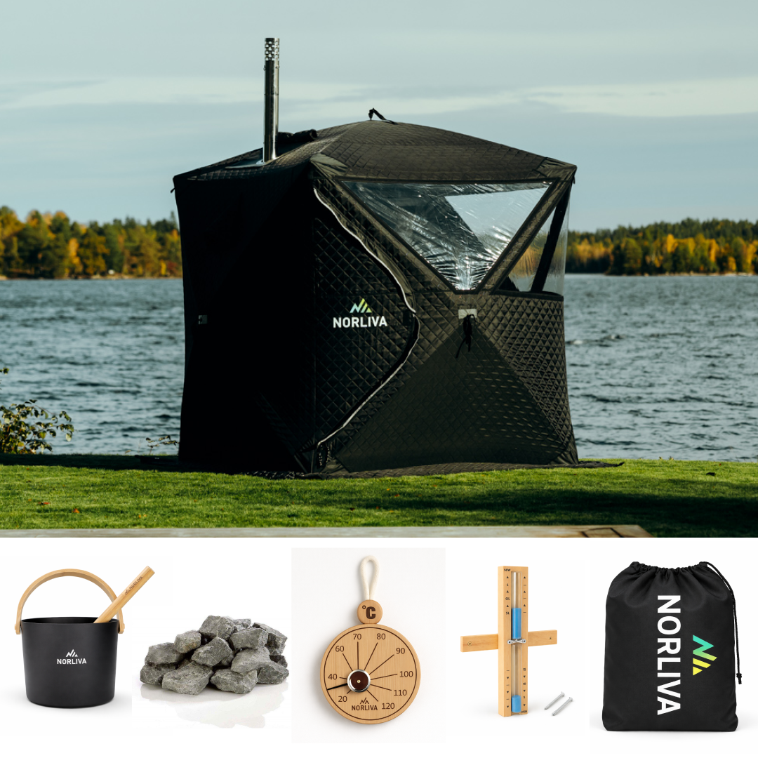 Set: Saunatent Isen 2.0 + Kachel + Sauna-accessoires + Regenhoes