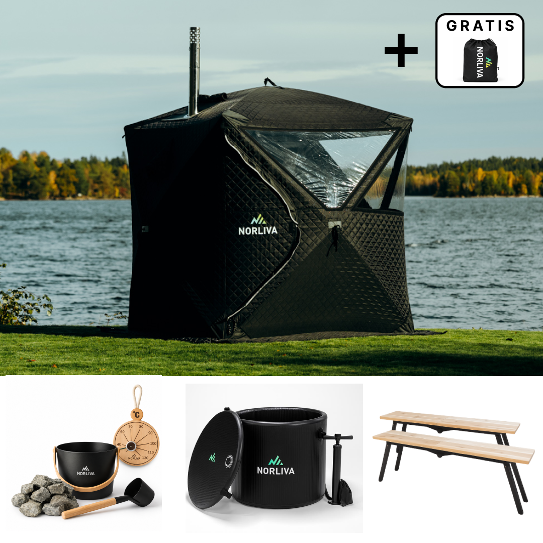Set: saunatent Isen 3.0 + kachel + sauna-accessoires + regenbescherming + banken + ijsbad