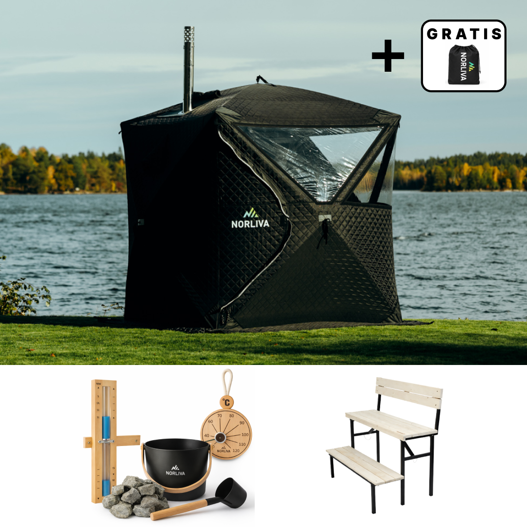 Set: saunatent Isen 3.0 + kachel + sauna-accessoires + bank met twee niveaus