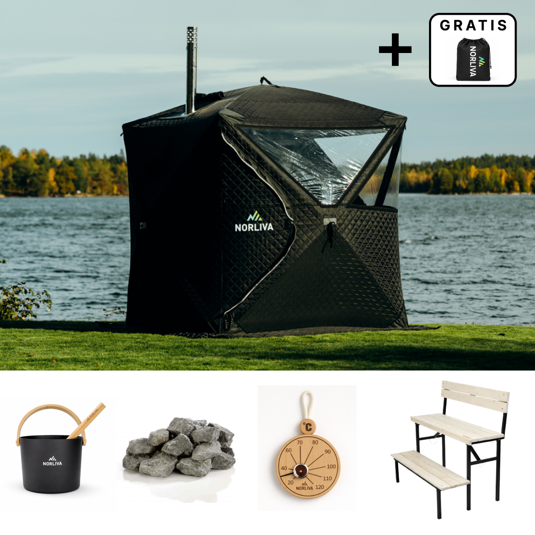 Set: saunatent Isen 3.0 + kachel + sauna-accessoires + regenbescherming + bank met twee niveaus