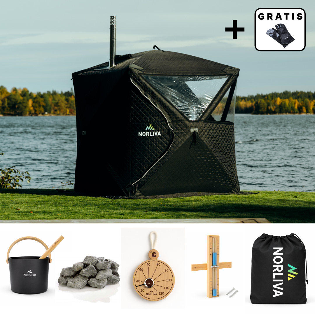 Set: Saunatent Isen 2.0 + Kachel + Sauna-accessoires + Regenhoes