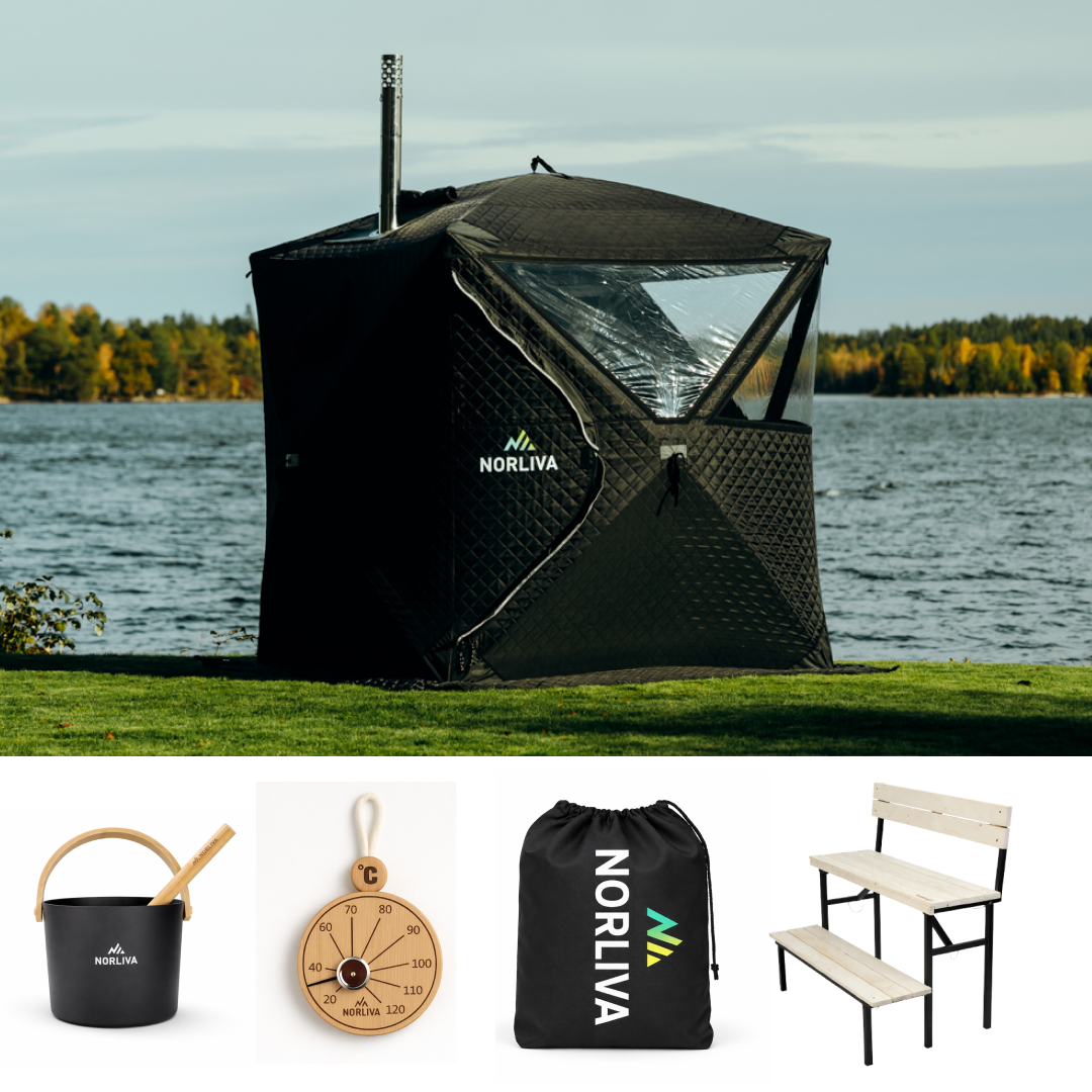 Set: saunatent Isen 3.0 + kachel + sauna-accessoires + regenbescherming + bank met twee niveaus