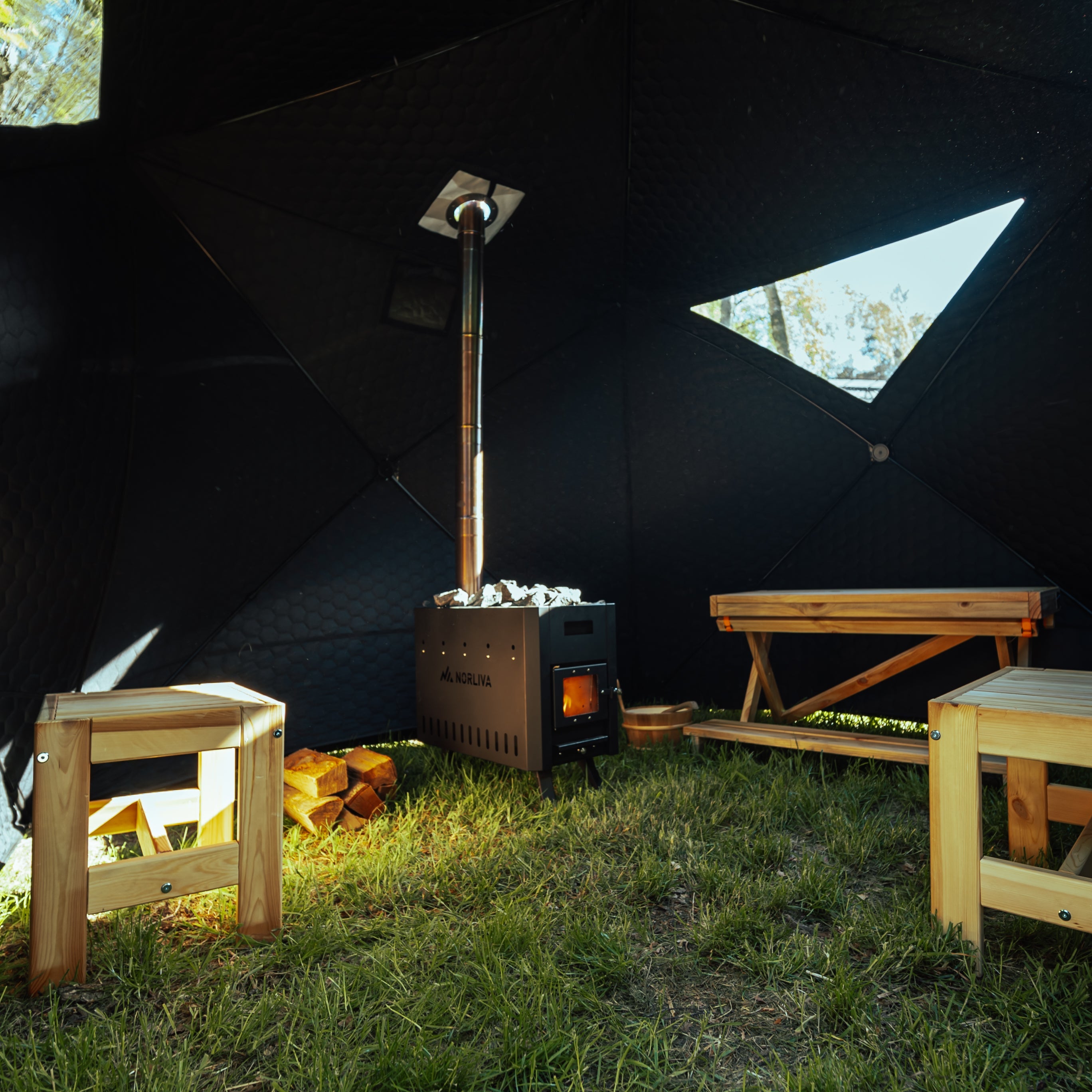 Set: Saunatent Fjorden + Kachel + Sauna-accessoires + Banken + IJston