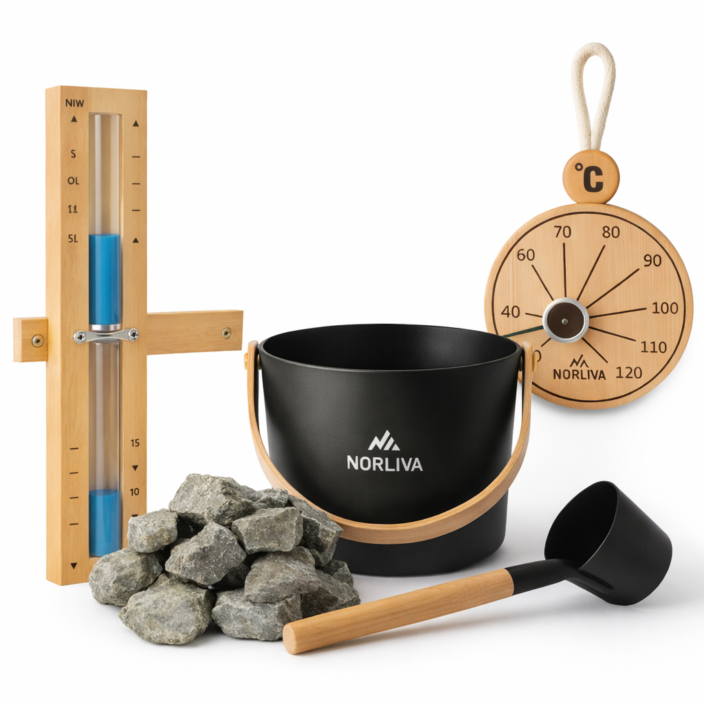 Sauna-accessoires: saunastenen, saunatemmer + lepel, thermometer, saunazandloper