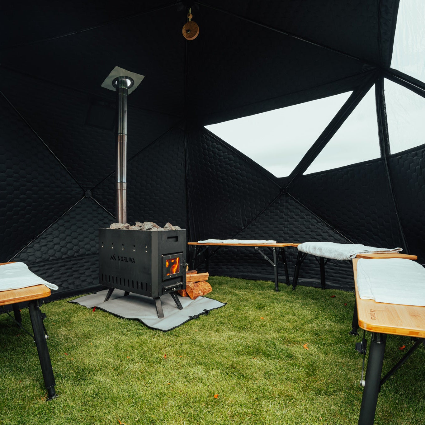 Set: Saunatent Fjorden + Oven + Sauna-accessoires + tweestapsbank