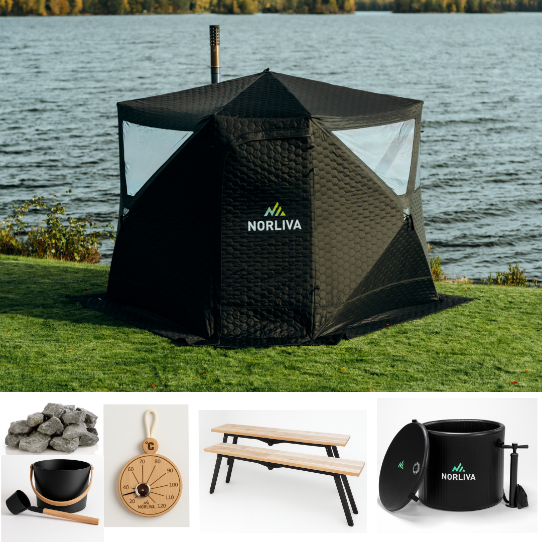 Set: Saunatent Dalen + Kachel + Sauna-accessoires + Banken + IJston