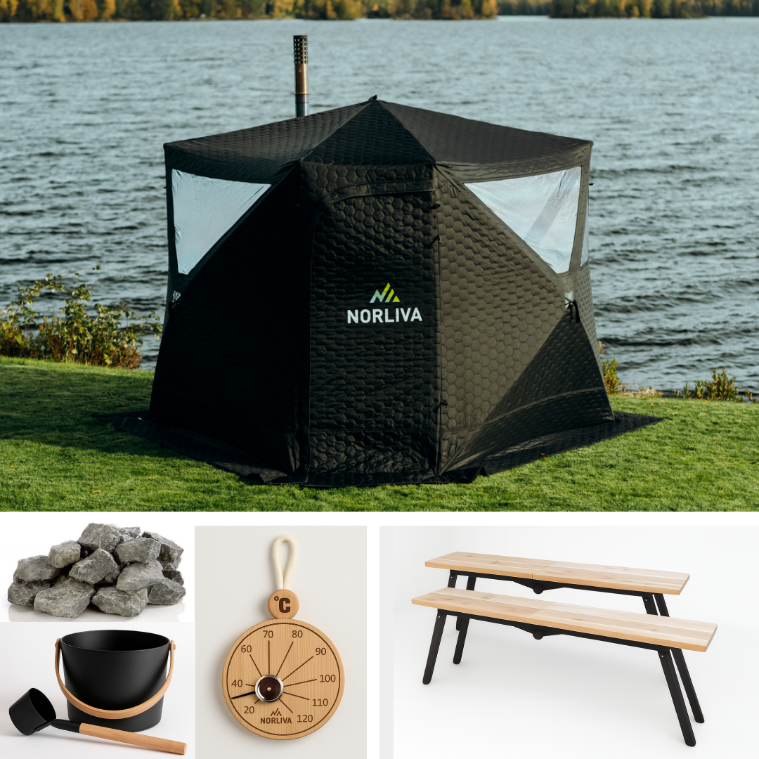 Set: Saunatent Dalen + oven + sauna-accessoires + regenkap + banken