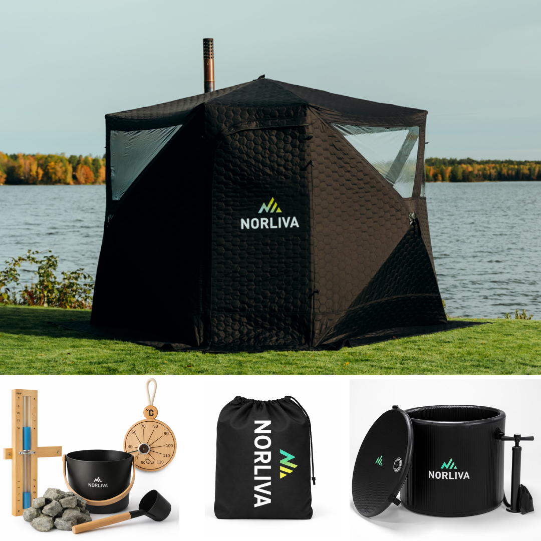 Set: Saunatent Dalen + kachel + sauna-accessoires + regenbescherming + ijsbadton