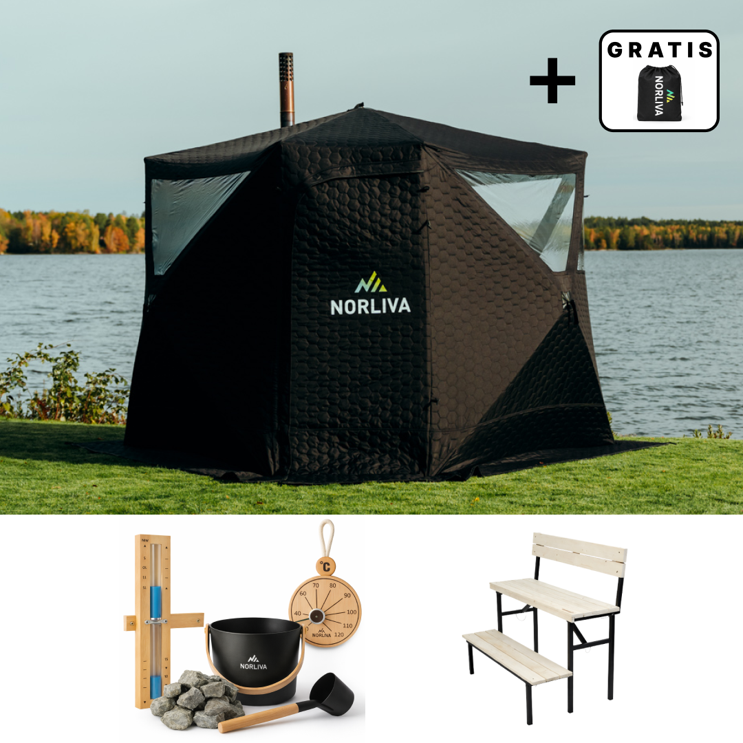 Set: saunatent Dalen 3.0 + kachel + sauna-accessoires + bank met twee niveaus