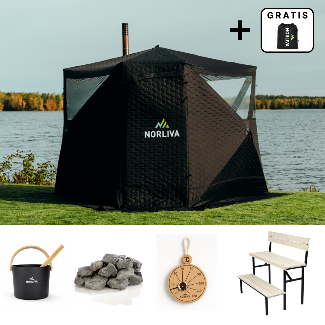 Set: saunatent Dalen 3.0 + kachel + sauna-accessoires + regenbescherming + bank met twee niveaus