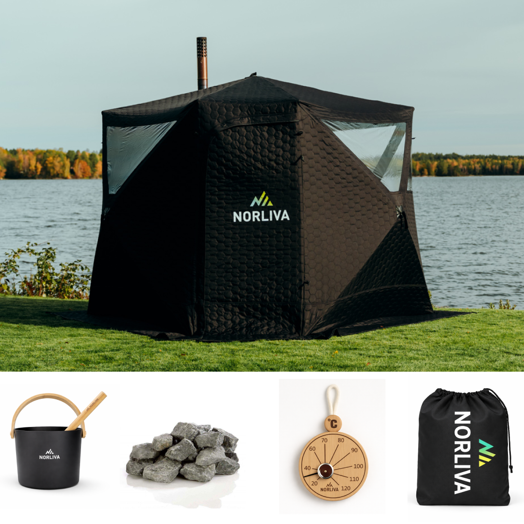 Set: Dalen 3.0-saunatent + kachel + sauna-accessoires + regenbescherming