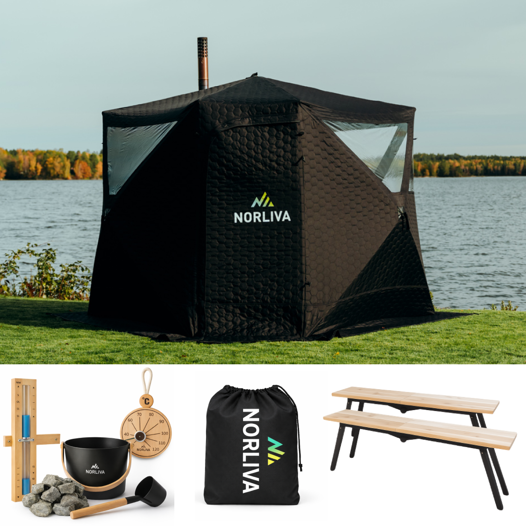 Set: Saunatent Dalen 3.0 + Kachel + Sauna-accessoires + Regenhoes + Banken