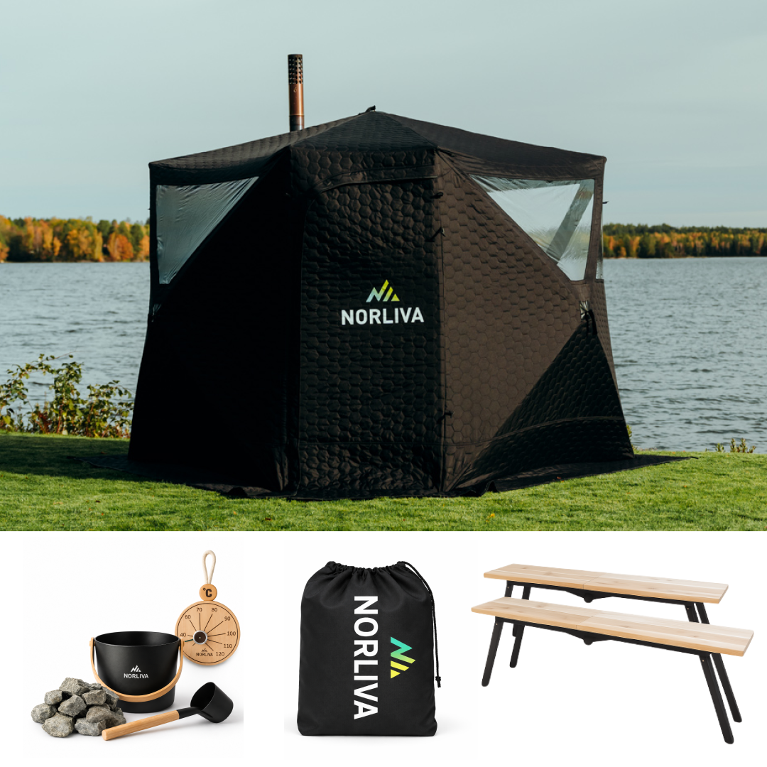 Set: saunatent Dalen 3.0 + kachel + sauna-accessoires + regenbescherming + banken