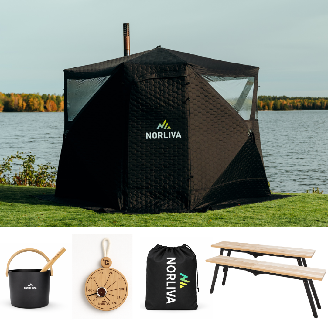 Set: saunatent Dalen 3.0 + kachel + sauna-accessoires + regenbescherming + banken
