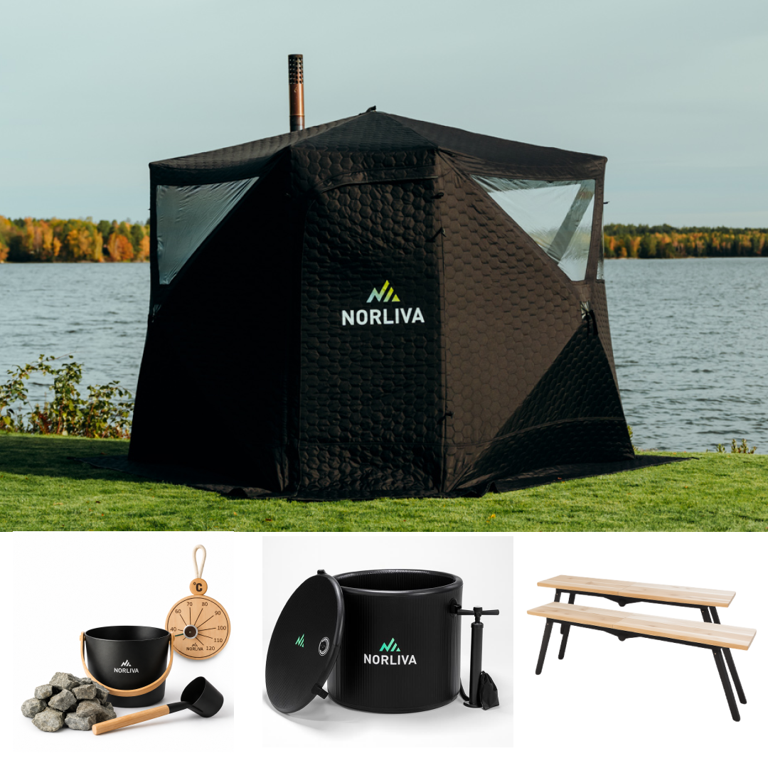 Set: saunatent Dalen 3.0 + kachel + sauna-accessoires + regenbescherming + banken + ijsbad