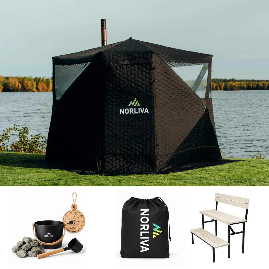 Set: saunatent Dalen 3.0 + kachel + sauna-accessoires + regenbescherming + bank met twee niveaus