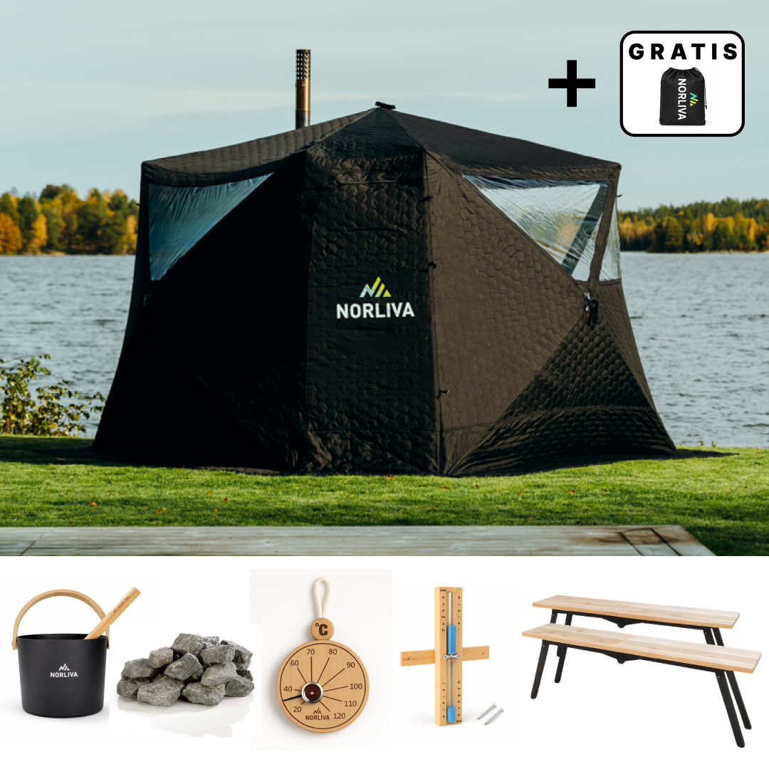 Set: saunatent Fjorden + kachel + sauna-accessoires + banken