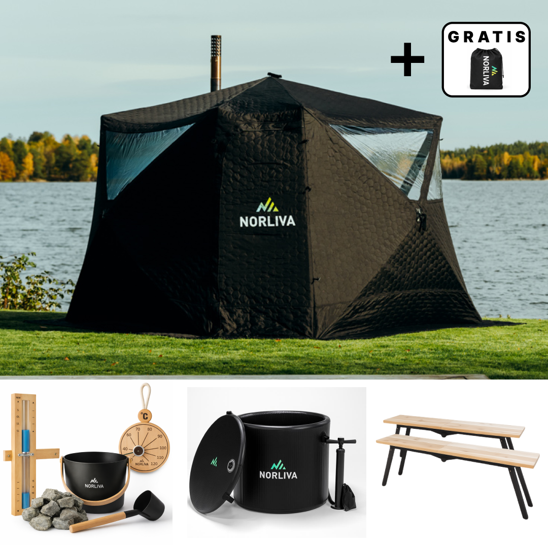 Set: saunatent Fjorden + kachel + sauna-accessoires + banken + ijskuip