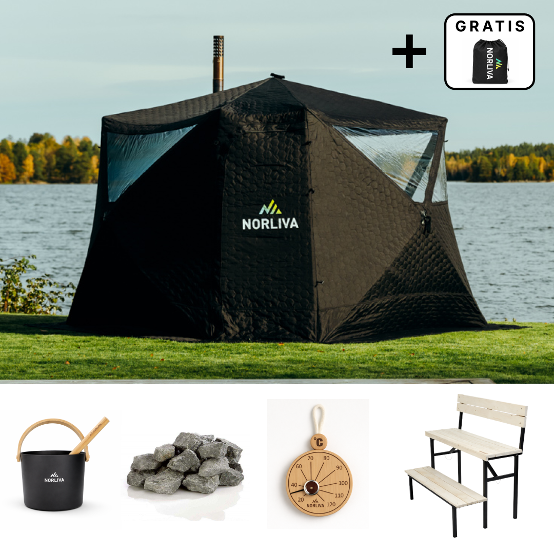 Set: saunatent Fjorden + kachel + sauna-accessoires + tweelaagse bank