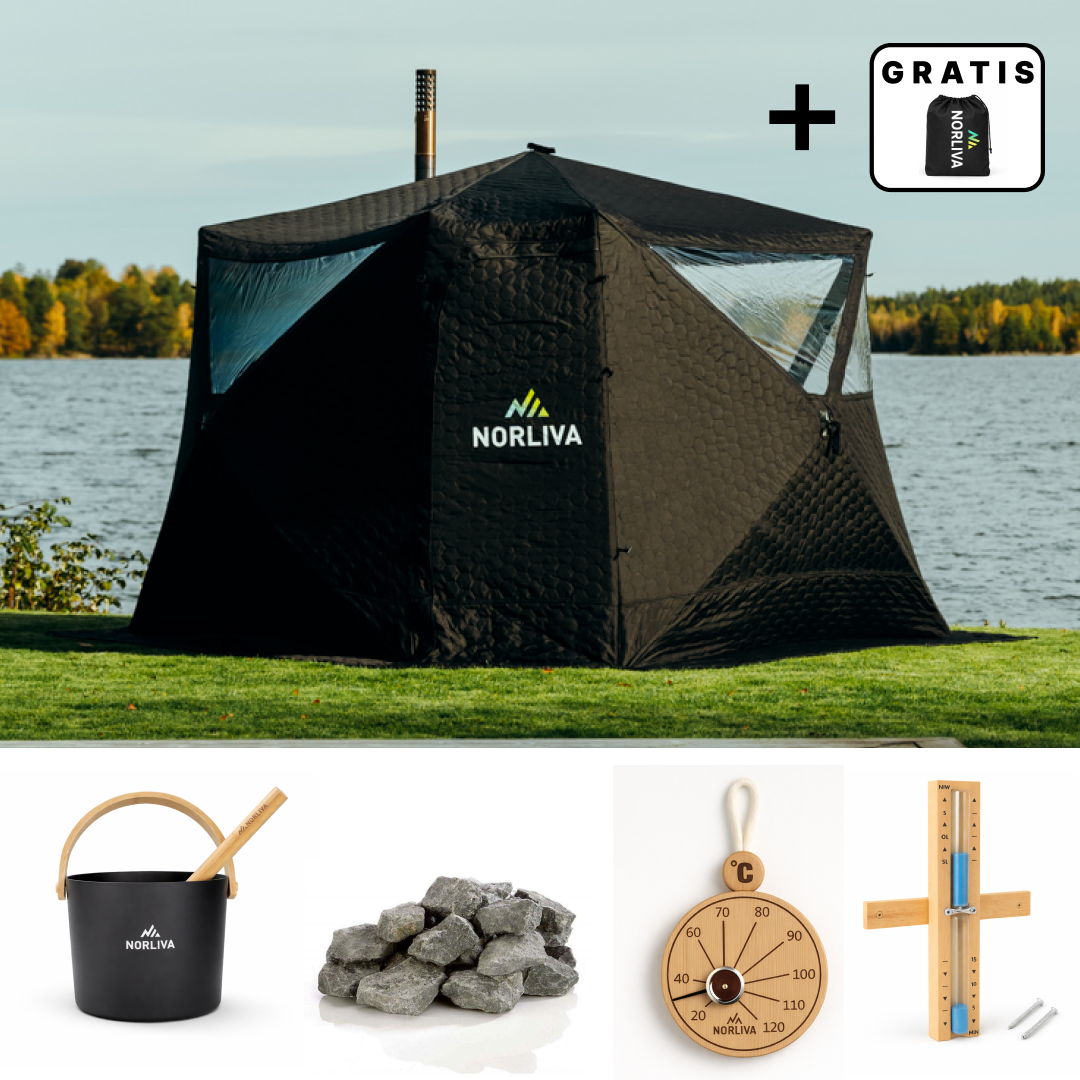 Set: saunatent Fjorden + kachel + sauna-accessoires