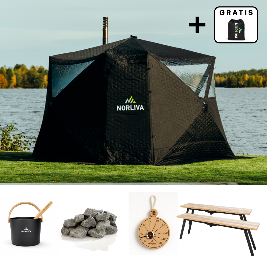 Set: Saunatent Fjorden + kachel + sauna-accessoires + regenbescherming + banken