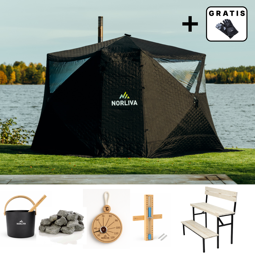 Set: Saunatent Fjorden + Oven + Sauna-accessoires + tweestapsbank