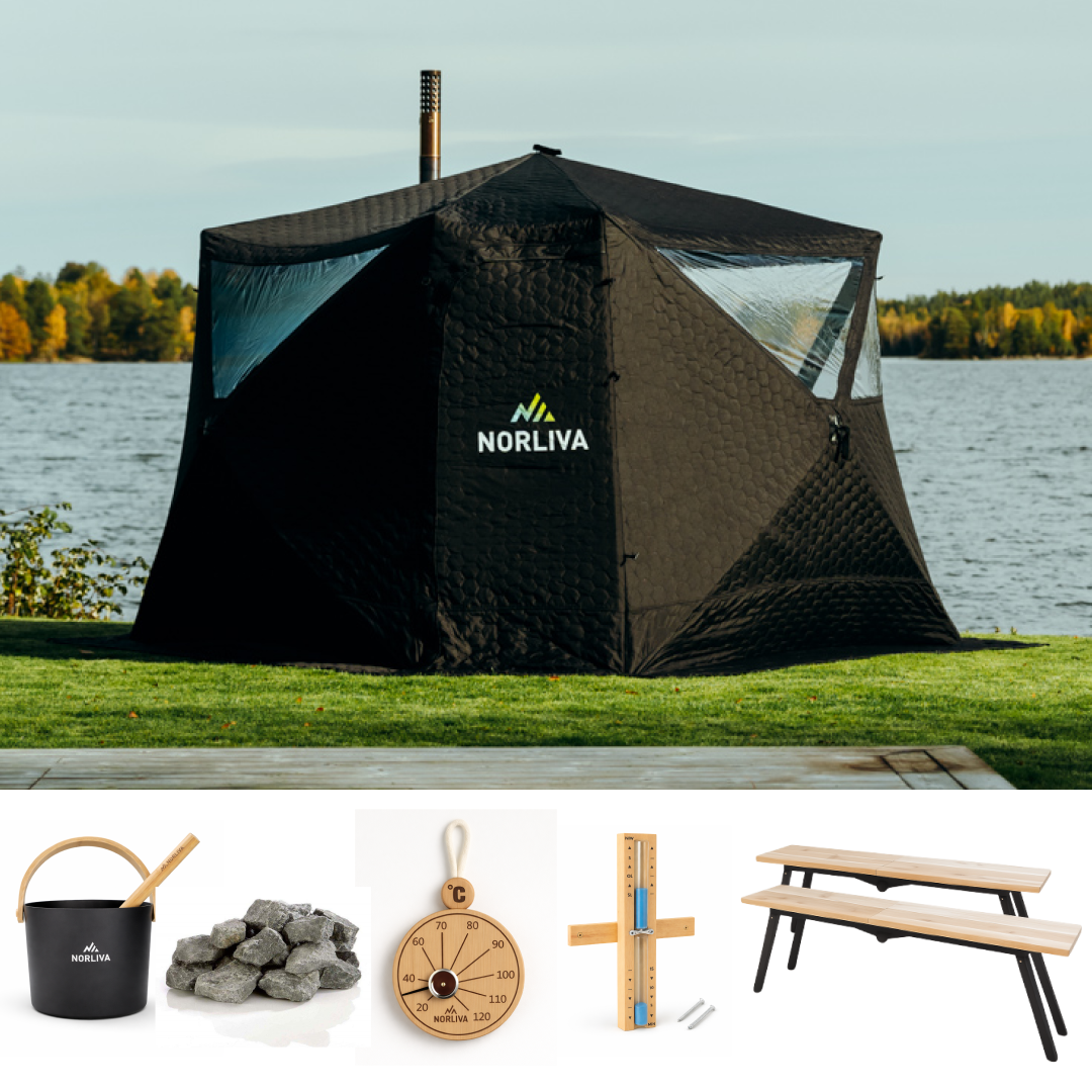 Set: Saunatent Fjorden + Saunaoven + Saunaaccessoires + Banken