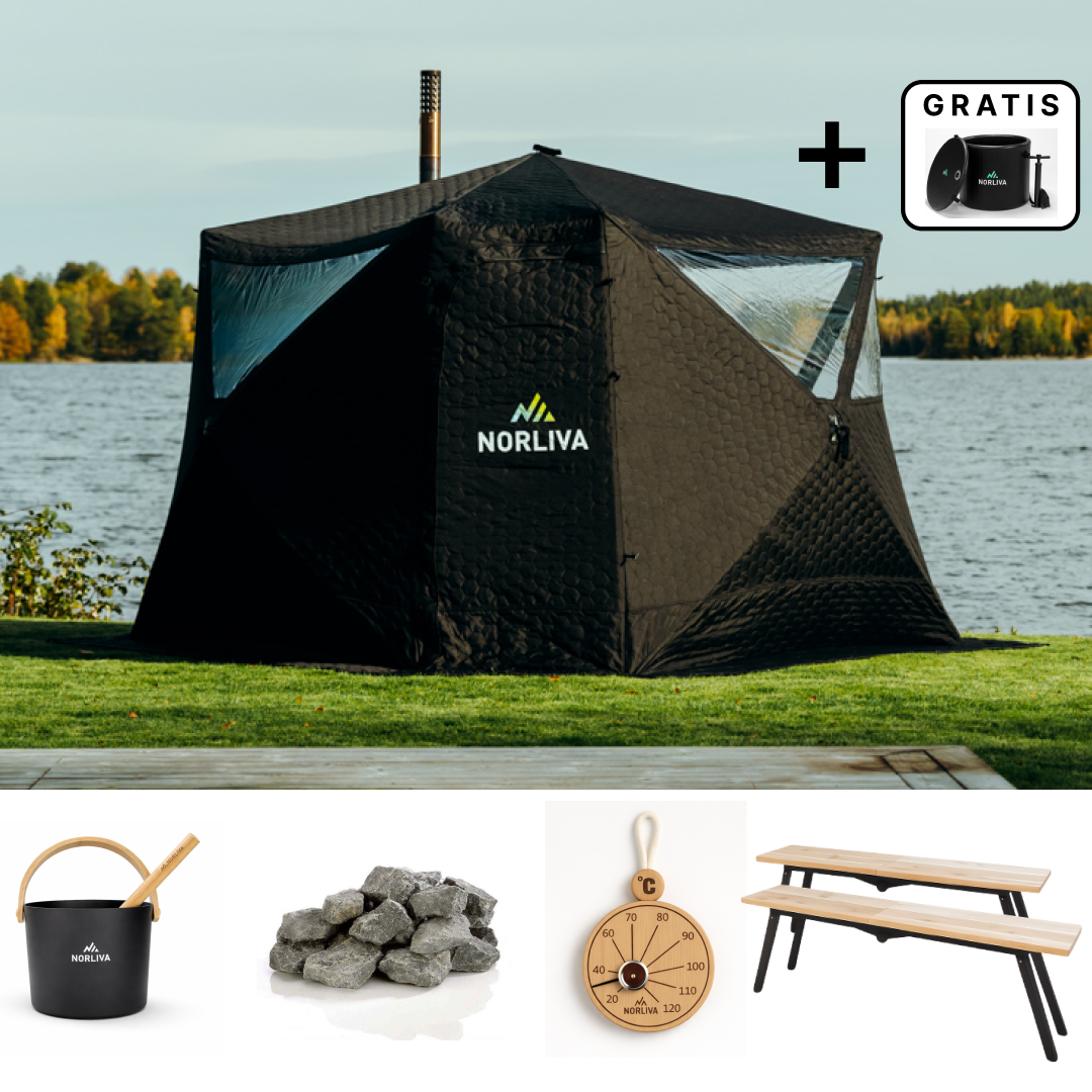 Set: Saunatent Fjorden + kachel + sauna-accessoires + regenbescherming + banken