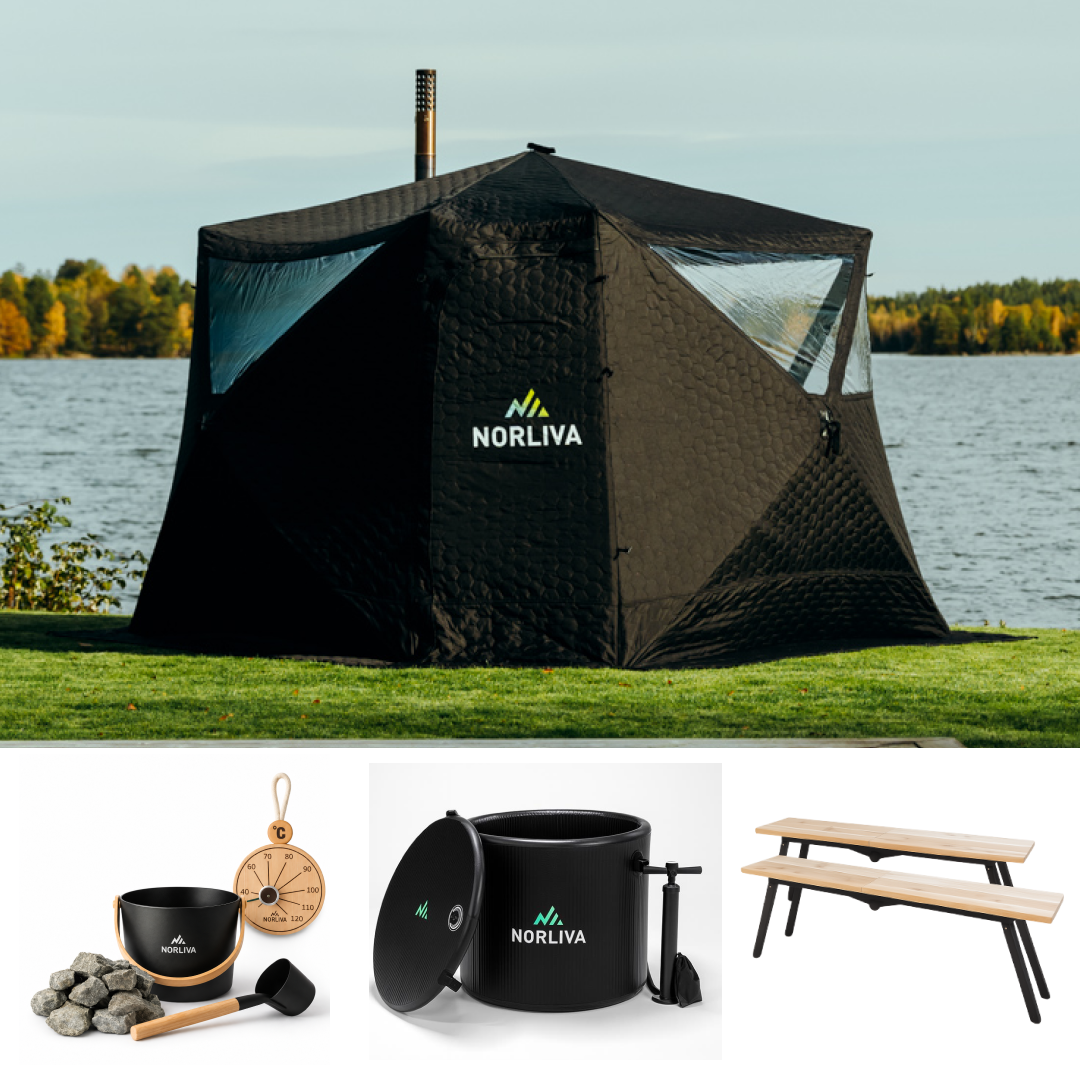 Set: Saunatent Fjorden + kachel + sauna-accessoires + regenbescherming + banken + ijsbadvat