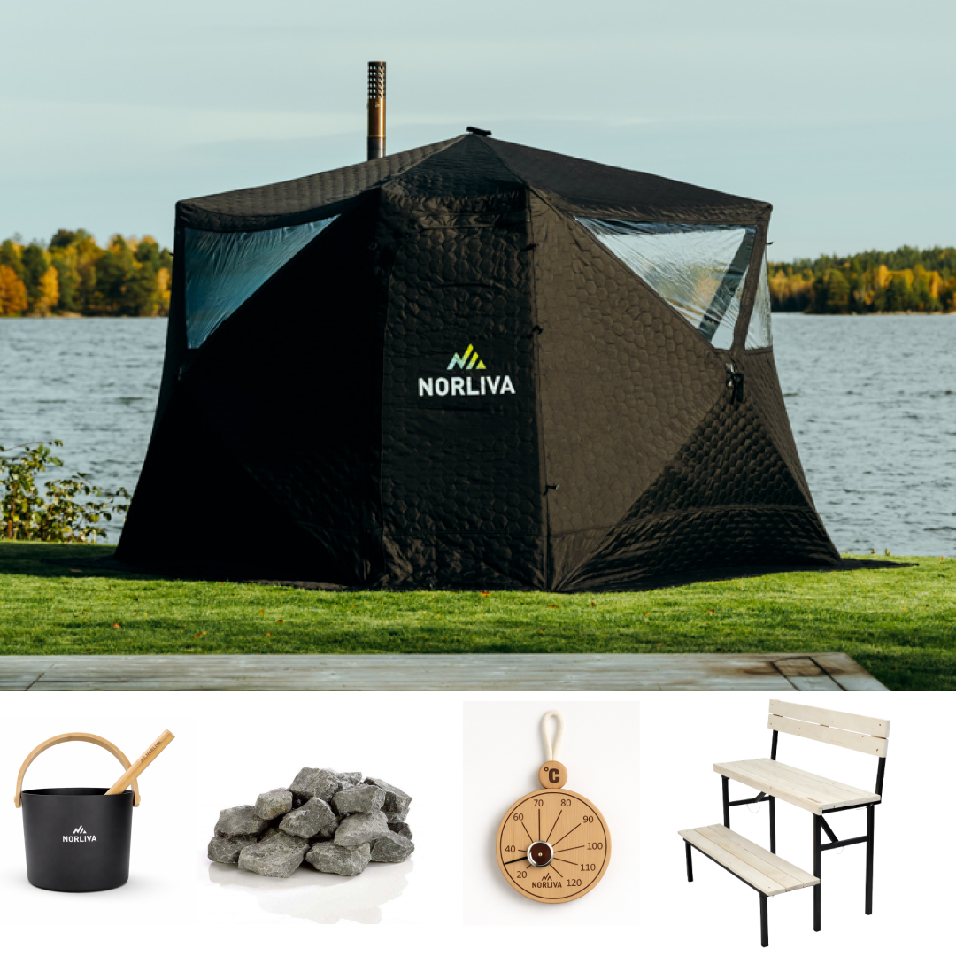 Set: saunatent Fjorden + kachel + sauna-accessoires + tweelaagse bank