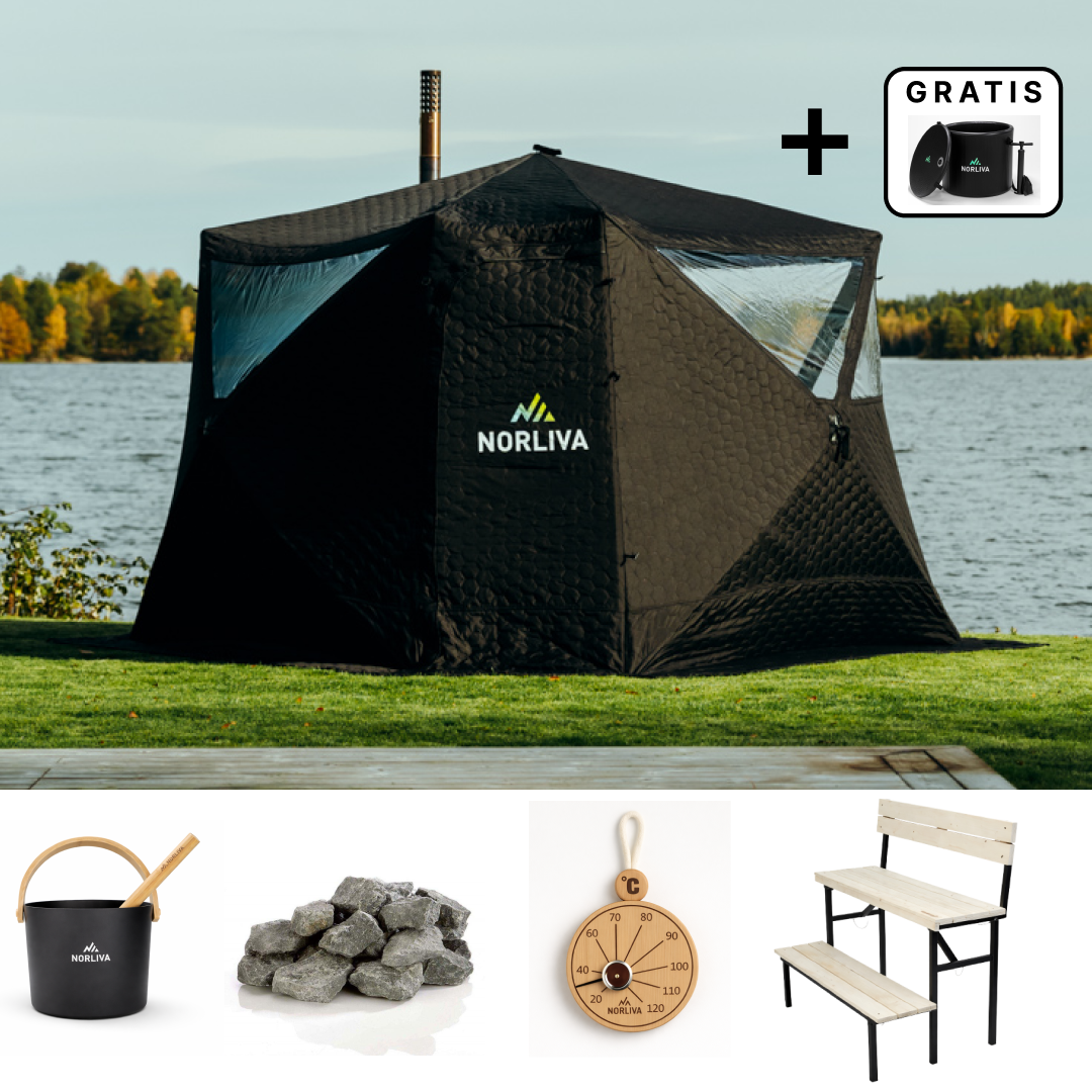 Set: saunatent Fjorden + kachel + sauna-accessoires + tweelaagse bank