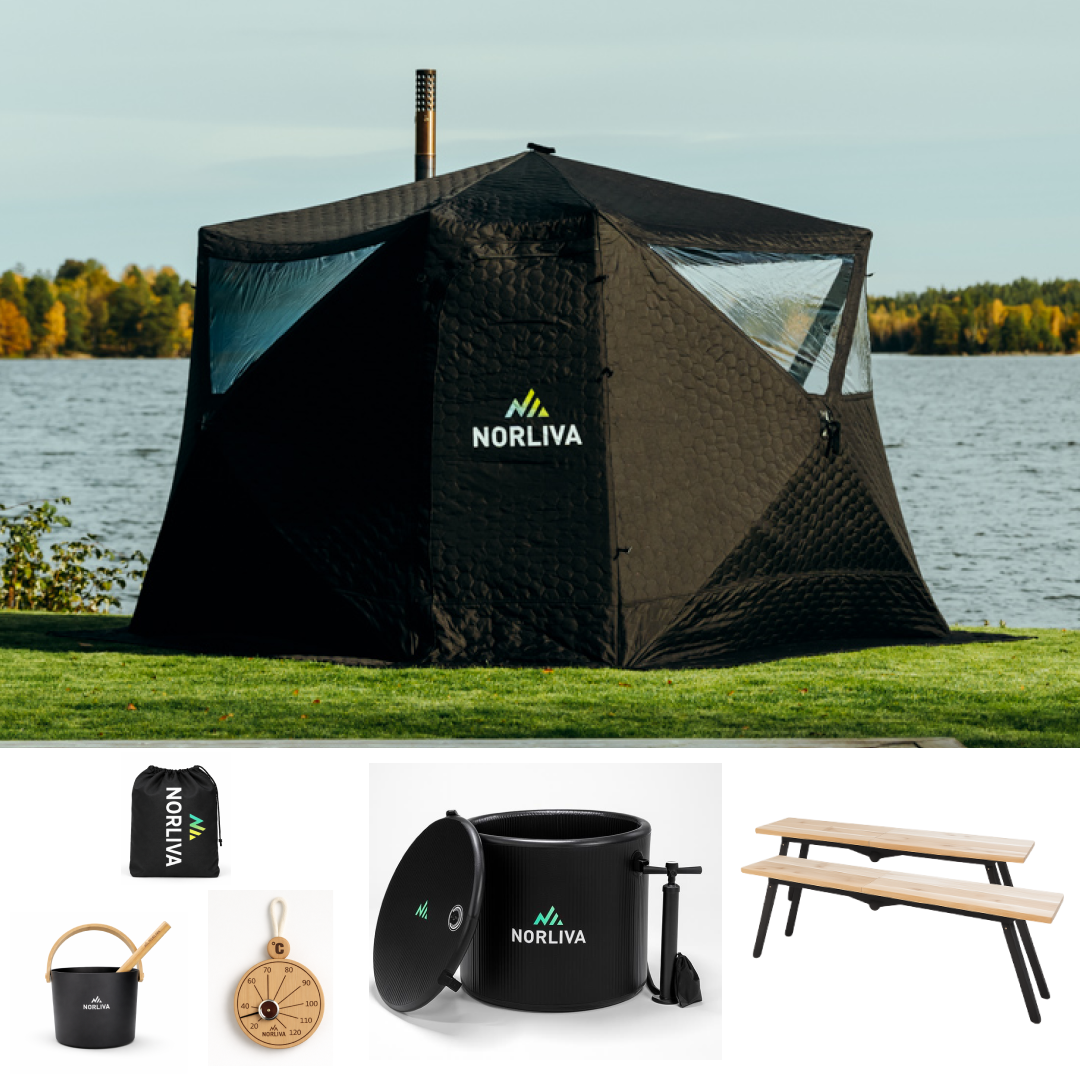 Set: Saunatent Fjorden + kachel + sauna-accessoires + regenbescherming + banken + ijsbadvat
