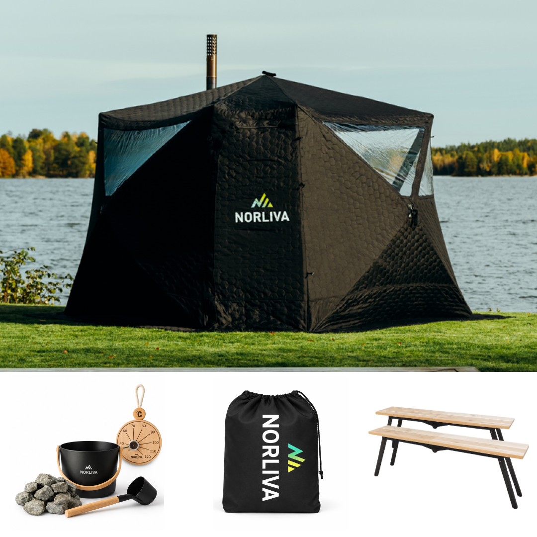 Set: Saunatent Fjorden + kachel + sauna-accessoires + regenbescherming + banken