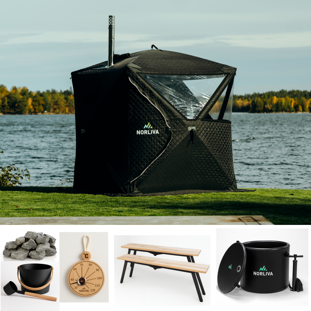 Set: Saunatent Isen + oven + sauna-accessoires + banken + ijsbad